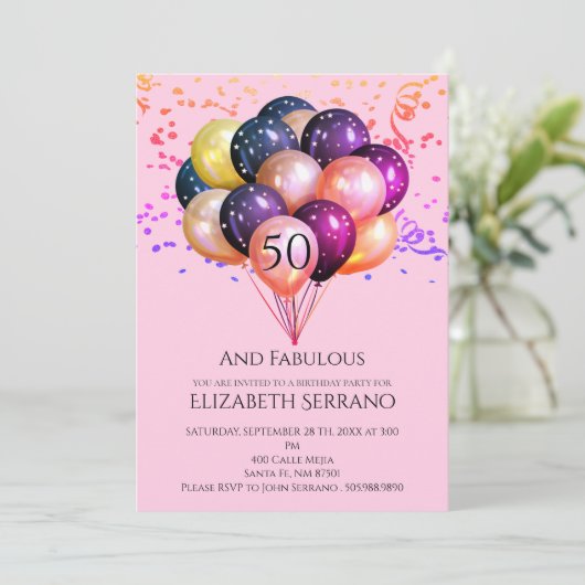 50 Fabulous Birthday Metallic Balloons Pink Einladung (Stehend Vorderseite)