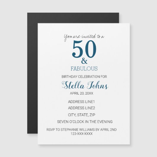 50 & Fabulous Birthday Ocean Blue Elegant Minimal Magneteinladung (Vorne/Hinten)