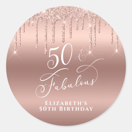50 Fabulous Birthday Party Rose Gold Glitter Runder Aufkleber (Vorderseite)