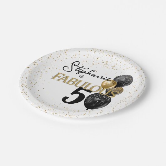 50 & Fabulous Black Gold Glam Birthday Paper Plate Pappteller (Schrägansicht)