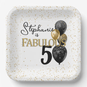 50 & Fabulous Black Gold Glam Square Paper Plate Pappteller