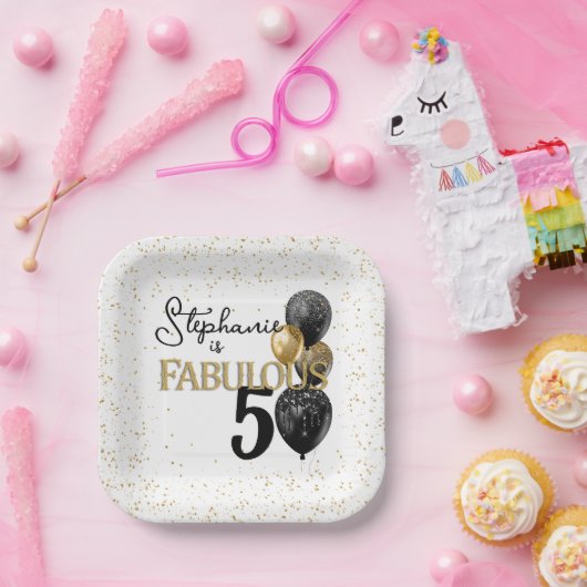 50 & Fabulous Black Gold Glam Square Paper Plate Pappteller (Party)