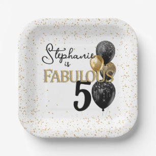 50 & Fabulous Black Gold Glam Square Paper Plate Pappteller
