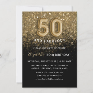 50 & Fabulous Black & Gold Glitzer Geburtstag Einladung