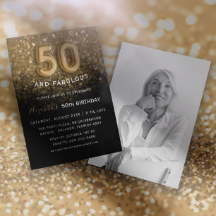50 & Fabulous Black & Gold Glitzer Geburtstag Einladung