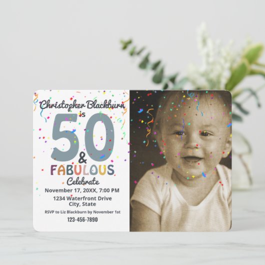 50 & Fabulous Blue Foto Fiftieth Birthday Party Einladung (Stehend Vorderseite)