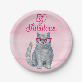 50 & Fabulous Cat, Pink und Gray, 50. Geburtstag Pappteller