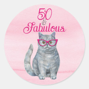50 & Fabulous Cat, Pink und Gray, 50. Geburtstag Runder Aufkleber