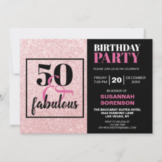 50 & Fabulous Chic Pink Glitzer Geburtstagsparty Einladung