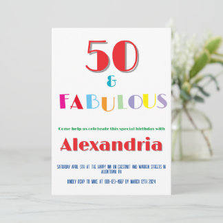 50 & Fabulous Colorful Modern Birthday Invitation Einladung