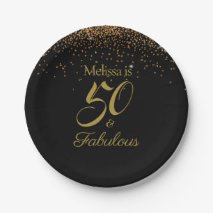 50 & Fabulous Elegant Black Gold Personalize Pappteller