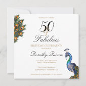 50 & Fabulous Elegant Watercolor Peacock Geburtsta Einladung (Vorderseite)