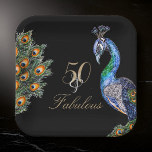 50 & Fabulous Elegant Watercolor Peacock Geburtsta Pappteller