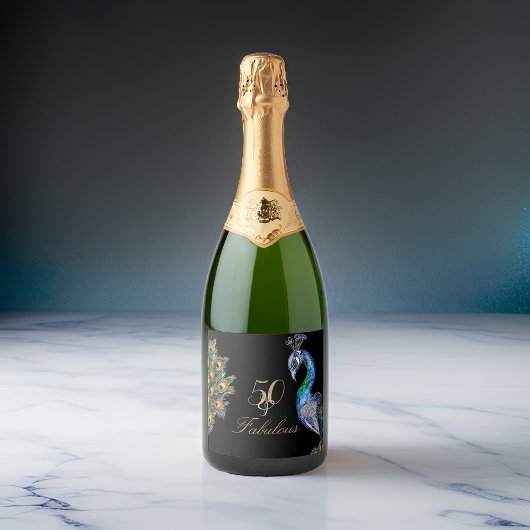 50 & Fabulous Elegant Watercolor Peacock Geburtsta Schaumweinetikett