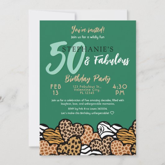 50 & Fabulous Emerald Wild Hearts 50 Geburtstag Einladung (Vorderseite)