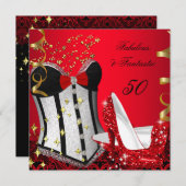 50 & Fabulous Fantastic Red Black Gold Geburtstag  Einladung (Vorne/Hinten)