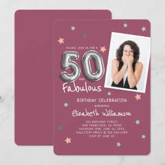 50 & Fabulous Foil Balloon Stars Foto Geburtstag Einladung