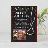 50 & Fabulous Foto Rot und Schwarze Perlen Party Einladung (Stehend Vorderseite)