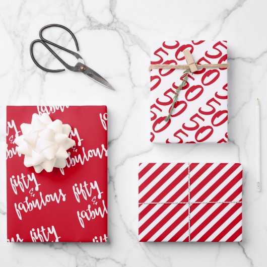 50 & Fabulous - Fun Red 50. Geburtstag Geschenkpapier Set (Vorderseite)