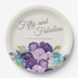 50 Fabulous Geburtstag Lila Blue Floral White Pappteller