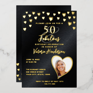 50 & Fabulous Geburtstags Foto Black & Gold Folieneinladung