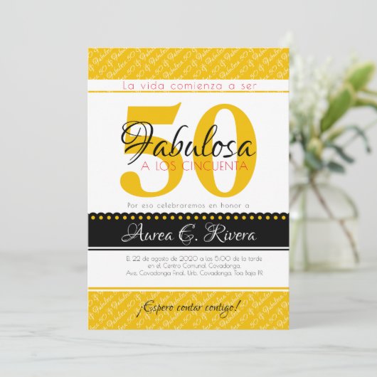50 & Fabulous gelb Spanisch / Fabulosa amarillo Einladung (Stehend Vorderseite)