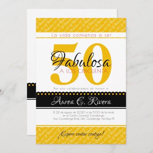 50 & Fabulous gelb Spanisch / Fabulosa amarillo Einladung (Vorne/Hinten)