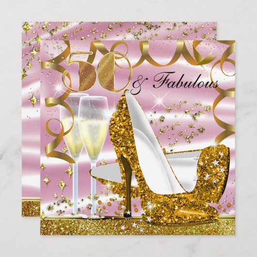 50 & Fabulous Glitzer Gold Pink Birthday Einladung (Vorne/Hinten)