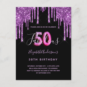 50 & Fabulous Glitzer Tropfen lila Einladung Postkarte