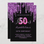 50 & Fabulous Glitzer tropfend schwarze lila Glam Einladung (Vorne/Hinten)