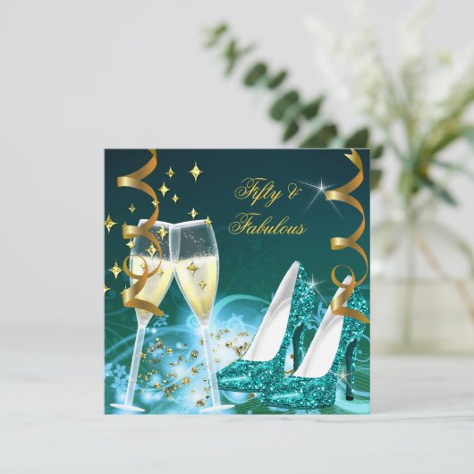 50 & Fabulous Gold Aquamarin Glitzer Heelse Party Einladung (Stehend Vorderseite)