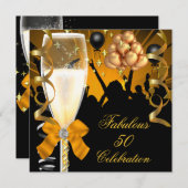 50 & Fabulous Gold Black Birthday Champagne Einladung (Vorne/Hinten)