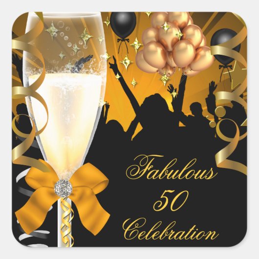 50 & Fabulous Gold Black Birthday Champagne Quadratischer Aufkleber (Vorderseite)