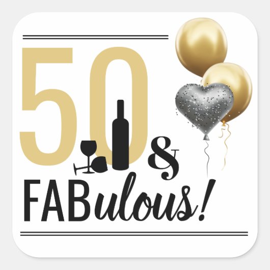 50 & Fabulous Gold & Black Modern Square Sticker (Vorderseite)