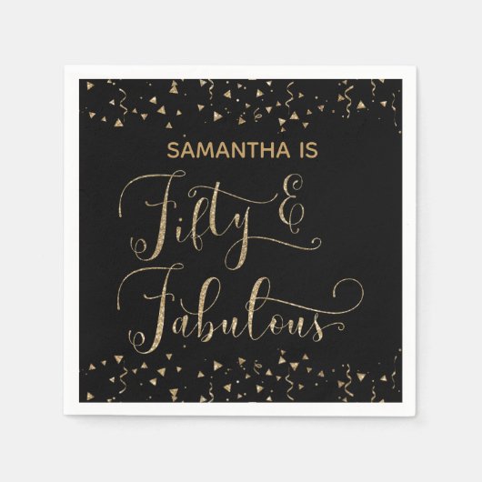 50 & Fabulous Gold Glitzer & Confetti Black Serviette (Vorderseite)