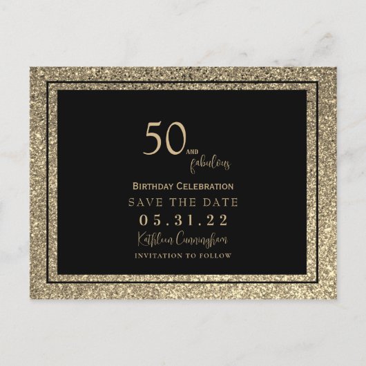 50 & Fabulous Gold Glitzer Glam Save the Date Postkarte (Vorderseite)