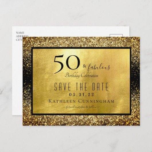 50 & Fabulous Gold Glitzer Save the Date Postkarte (Vorne/Hinten)