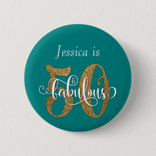 50 & Fabulous Gold Glitzer Typografie Bright Aquam Button