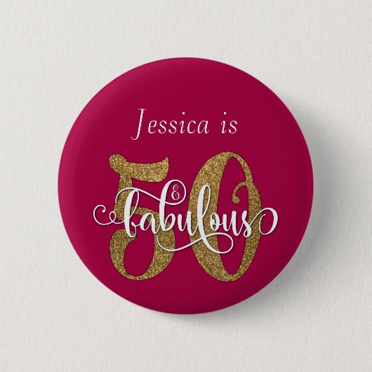 50 & Fabulous Gold Glitzer Typografie Himbeere Button (Vorderseite)