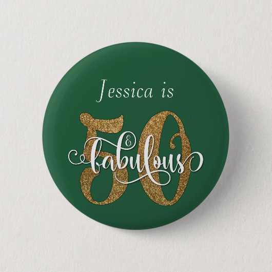 50 & Fabulous Gold Glitzer Typografie Leaf Green Button (Vorderseite)