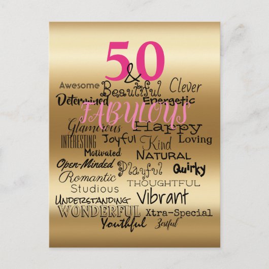 50 & Fabulous Gold Pink Black Birthday Typografie Einladungspostkarte (Vorderseite)