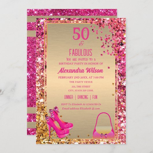 50 & Fabulous High Heels Gold Pink Glittery Glam Einladung (Vorne/Hinten)