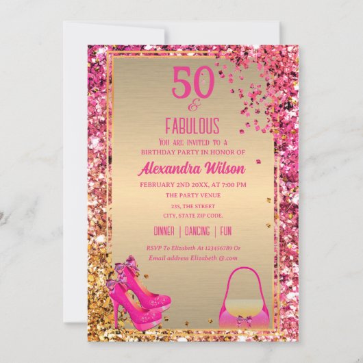 50& Fabulous High Heels Gold Pink Glitzer Luxus Einladung (Vorderseite)