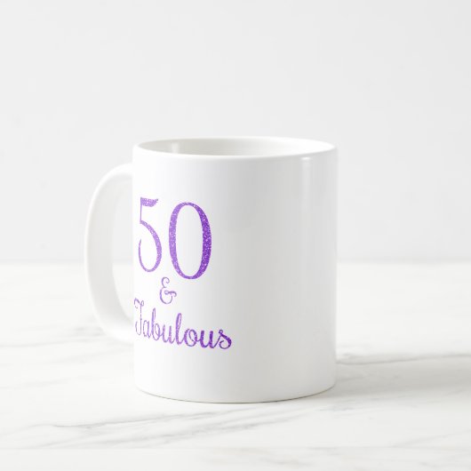 50 & Fabulous Lila Glitzer Typografie Kaffeetasse (Vorderseite Links)