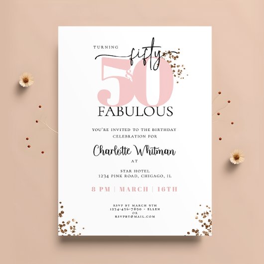"50 & Fabulous" Minimal Rosa und Schwarzer Glitzer Einladung
