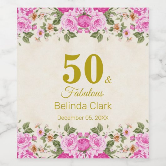50 & Fabulous mit Blume auf Sparkling Wine Be Weinetikett (Einzelnes Label)