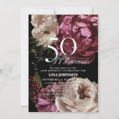 50 & Fabulous Moody Burgundy Blush Botanical Einladung (Vorderseite)