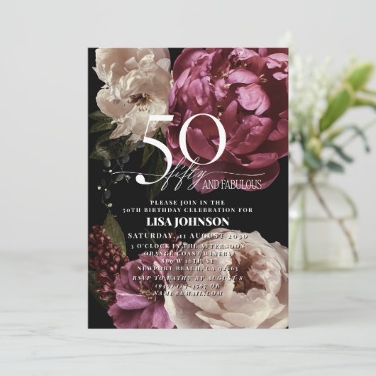 50 & Fabulous Moody Burgundy Blush Botanical Einladung (Stehend Vorderseite)