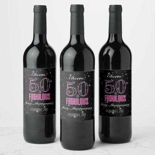 50 & Fabulous Pink Black Typografy 50 th Birthday Weinetikett (Flaschen)