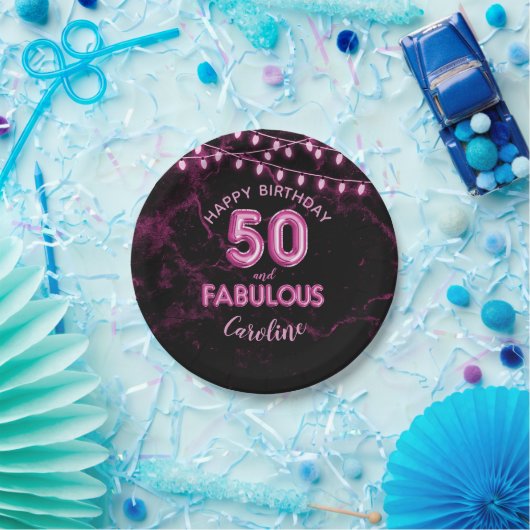 50 & Fabulous Pink Foil Balloons & String Lights Pappteller (Party)